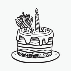 Birthday cake coloring page hand drawn black and white colors
