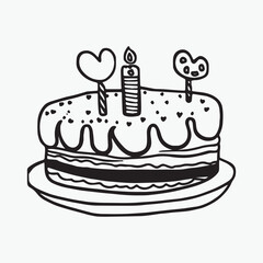 Birthday cake coloring page hand drawn black and white colors
