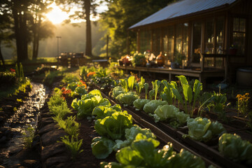 Vegetable garden plot in morning with sunlight and wooden farmhouse.