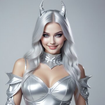 Beautiful girl in a silver costume with horns and a mask