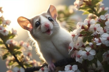 White mouse on a branch of a flowering tree in the rays of the setting sun - Powered by Adobe