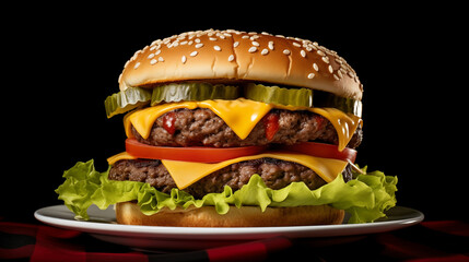 A chessburger on white plate on black background