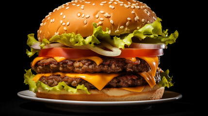 A chessburger on white plate on black background