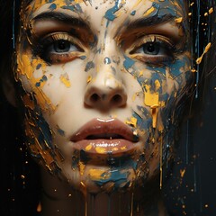 Fashion portrait of beautiful young woman with creative make-up and blue paint on her face