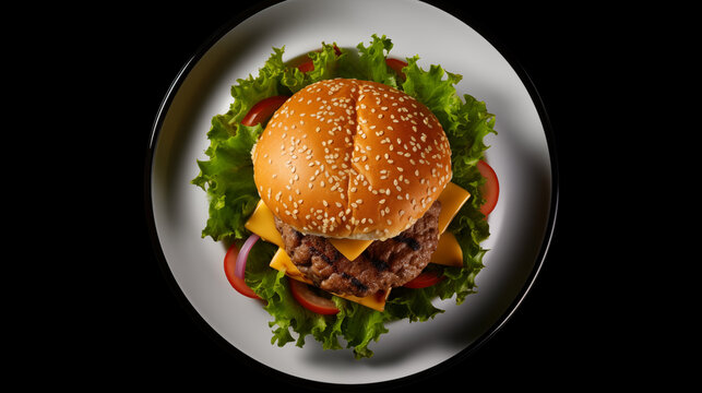 A chessburger on white plate on black background