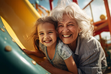 Happy little girl or granddaughter enjoys playing on playground with her grandmother in the park