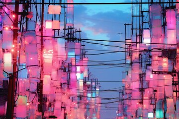 Electricity post with colorful lights in the city at night,  abstract background - obrazy, fototapety, plakaty