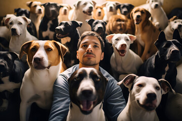 Man sits surrounded by a lot of dogs. The concept of a person's love for dogs, dog breeder. Love for dogs as a mental disorder, illness