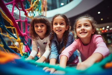 Group of happy little girls playing with net ropes at the shopping mall.