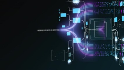 Technical animation flight through data structure highway of network with numerous connections, folders and nodes as background