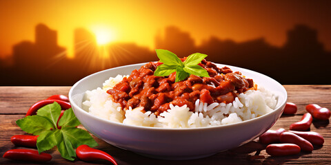 Gourmet Indulgence: Savory Chili Con Carne, Rice, and Nachos Ensemble on the cityscape bokeh background 