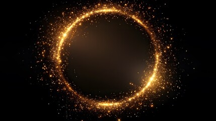 Gold glitter circle of light shine sparkles and golden spark particles in circle frame on black...