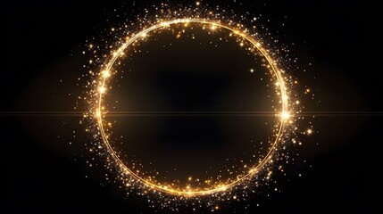 Gold glitter circle of light shine sparkles and golden spark particles in circle frame on black...