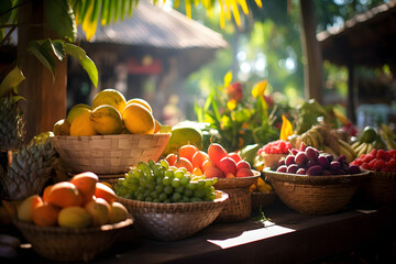 Colorful and vibrant Eco fruit market under the bright sun - obrazy, fototapety, plakaty
