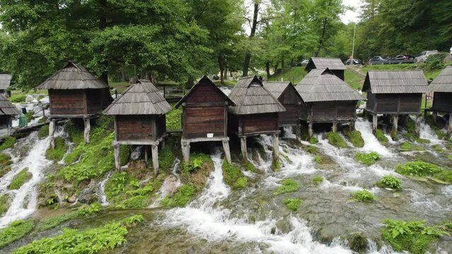 Aerial slide Jajce watermills in Bosnia and Herzegovina, medieval architecture