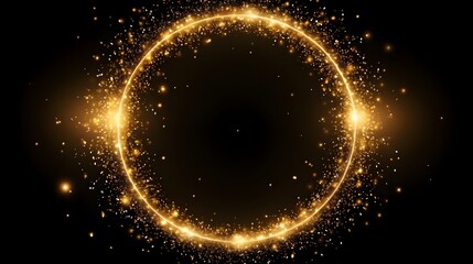 Gold glitter circle of light shine sparkles and golden spark particles in circle frame on black background. Christmas magic stars glow, firework confetti of glittery ring shimmer