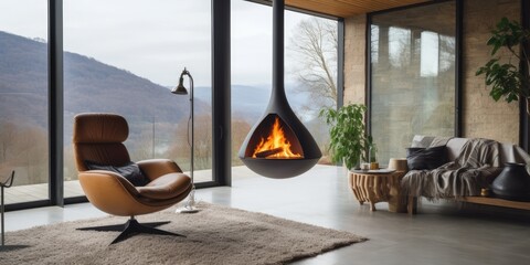 Modern luxurious living area, featuring swinging chair, wood burner, and empty area