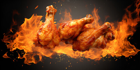 Delicious fried chicken in 3d illustration with fire and chili concept of spicy flavor,A Culinary Extravaganza: Explore the Delightful Symphony of Delicious Fried Chicken