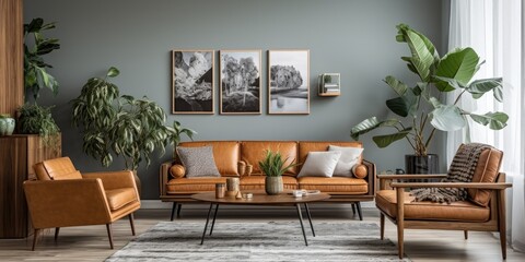 Antique furniture and plants adorn the trendy living room, complemented by a wall-mounted poster...