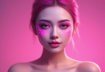 Fashion portrait of beautiful girl with pink hair and bright make-up