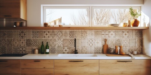 Small kitchen with window near sink, wooden cabinets, gas stove, kettle, and modern patterned wall tiles. - Powered by Adobe