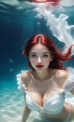 Obraz na płótnie Canvas Beautiful red-haired woman underwater in the sea,