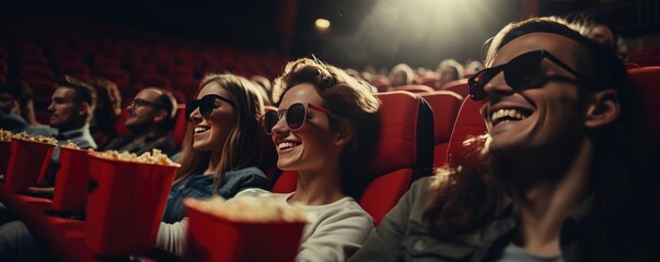Happy friends sitting in cinema watch film. Generative ai - obrazy, fototapety, plakaty