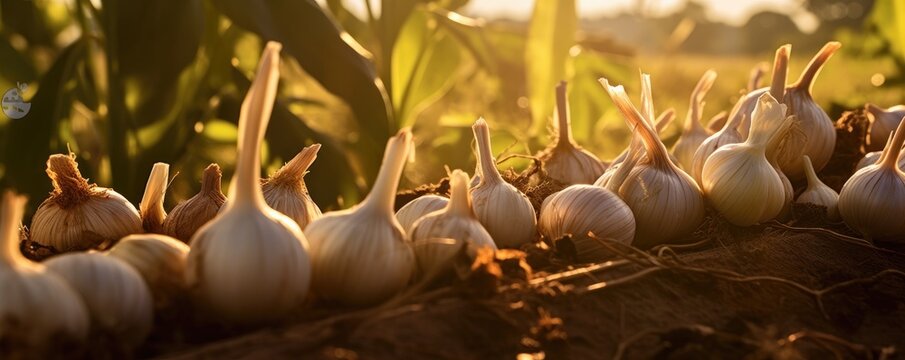 Farmer hold fresh organic garlic cloves and bulb in a garden. Generative ai