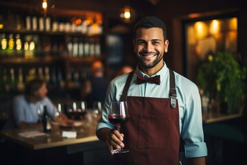 A cheerful sommelier in a restaurant holds a glass of red wine - obrazy, fototapety, plakaty