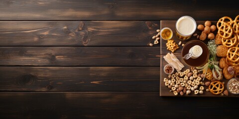 Beer with pretzel crackers and snacks on wooden table. Flat lay with text space. Banner design.