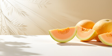 melon on the table, Fresh Cantaloupe Melon Set Apart on a Vivid and Colorful Isolated Background with full sun shine