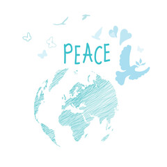 Obraz premium International Day of Peace. Bird, globe, flowers, heart continuous drawing. Concept of love, peace and kindness. Text. Vector web banner, illustration, poster
