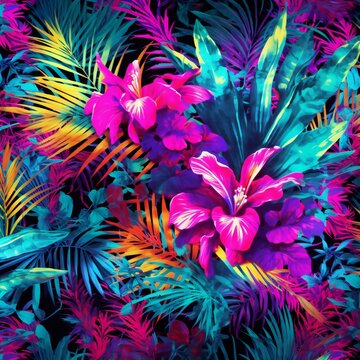Beautiful seamless pattern with tropical leaves and hibiscus flowers