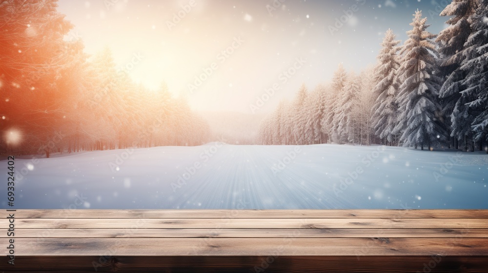 Poster beautiful wooden table with blurred snow and trees background. suitable for product display and pres