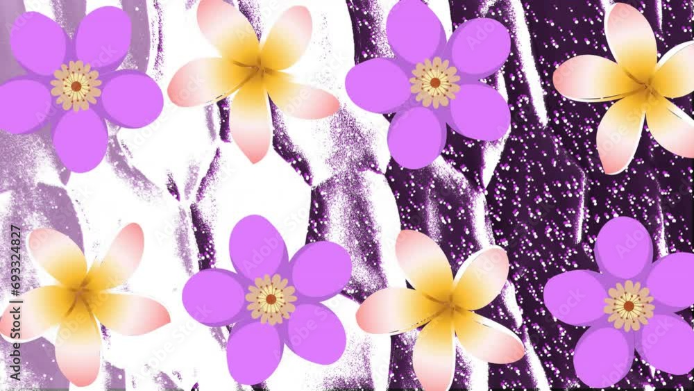 Poster animation of rows of flowers, moving and changing pink texture and copy space on black background