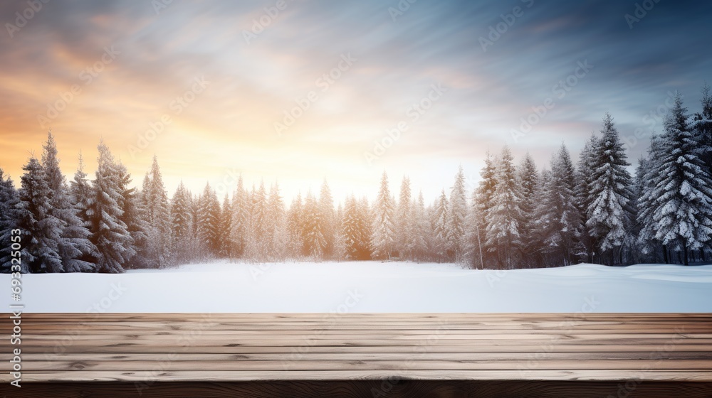Poster beautiful wooden table with blurred snow and trees background. suitable for product display and pres