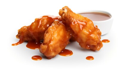 Delicious fried chicken wings with sauce on white background, closeup