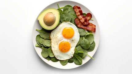 Healthy breakfast with fried egg, bacon and avocado on white background
