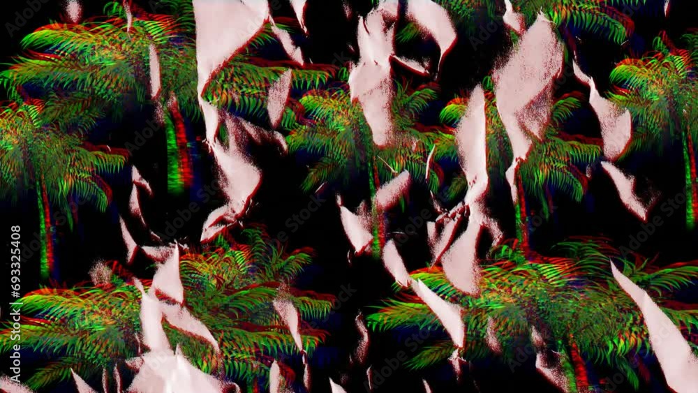 Poster animation of palm trees andmoving and changing pink texture and copy space on black background