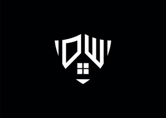 Real estate letter OW shield shape logo and house building vector template
