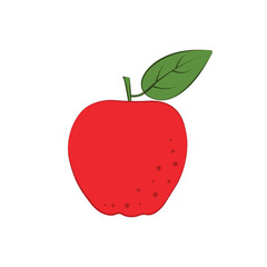 A red apple in a cartoon style. An image of a red ripe apple with a green leaf. Ripe juicy fruit. Vector illustration isolated on a white background