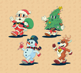 Merry Christmas and Happy New year cartoon character element set , trendy retro cartoon style
