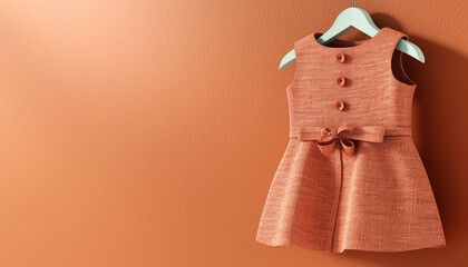 Elegant peach fuzz colored textured dress with bow on hanger against a matching wall. - Powered by Adobe
