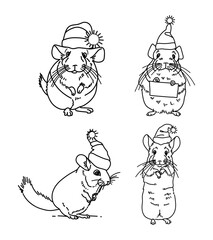 Vector contour drawing of Christmas chinchilla in a hat
