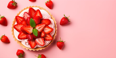 Crisp and Easy Strawberry Goat Cheese Tart on baby pink background.