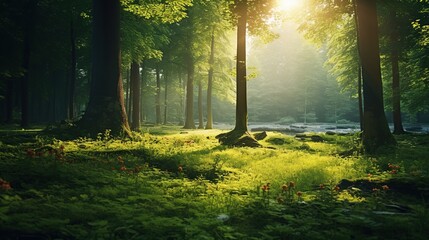 Beautiful landscape spring nature with green trees and grass in the forest with sunlight. Generative AI