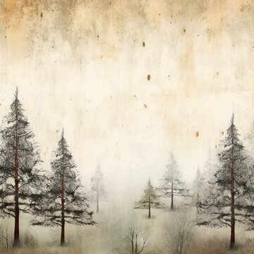 Grunge image of winter landscape with pine trees and foggy sky