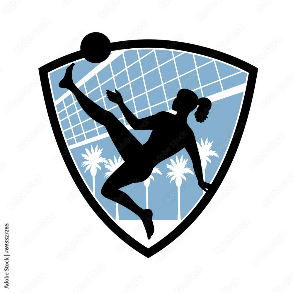Poster mascot illustration of female footvolley player doing a bicycle kick kicking the ball with net set i