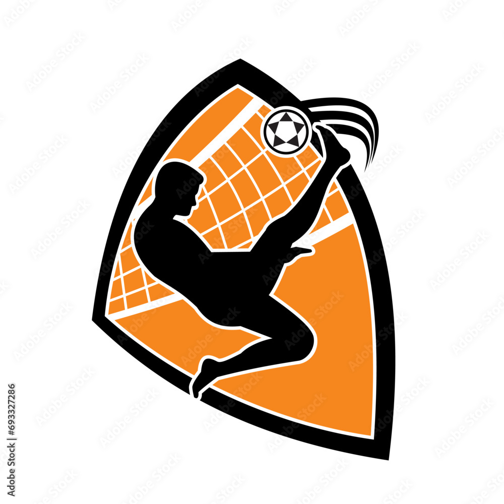 Poster mascot illustration of footvolley player doing a bicycle kick kicking the ball with net set inside b