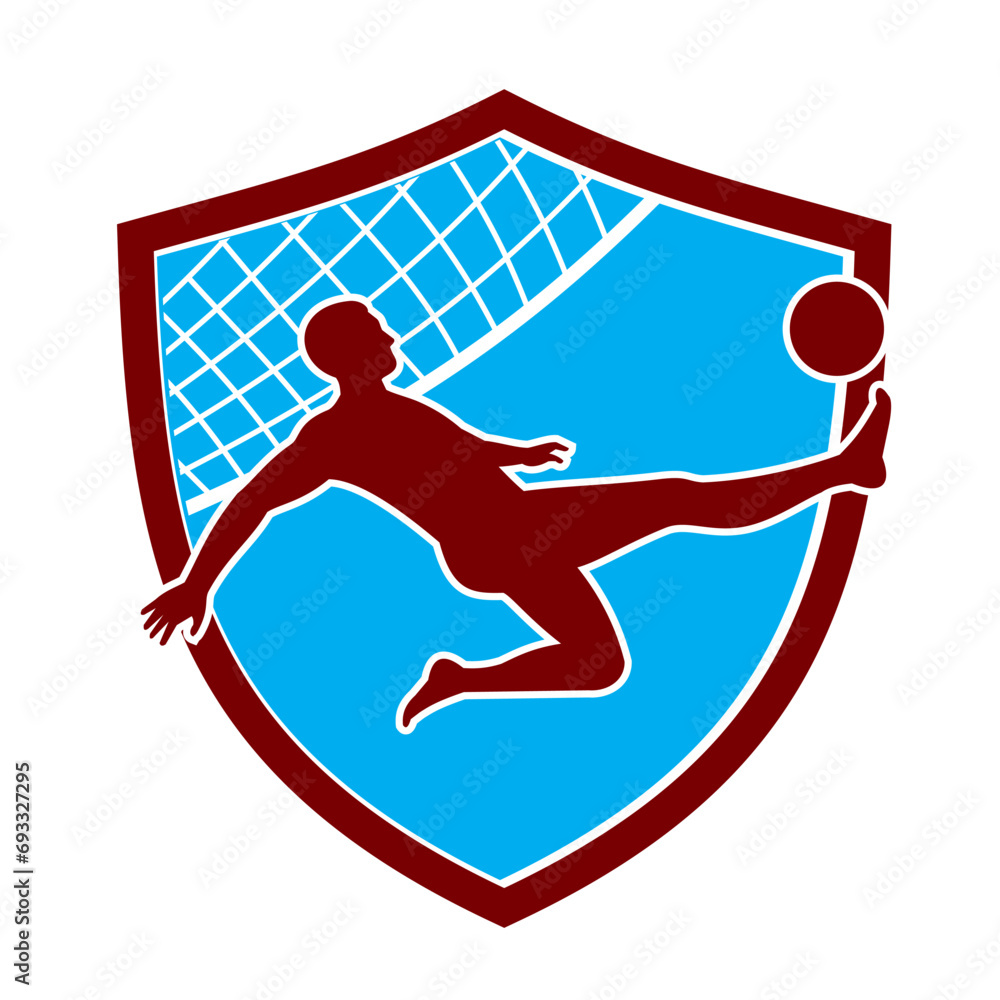 Poster mascot illustration of footvolley player doing a bicycle kick kicking the ball with net set inside s